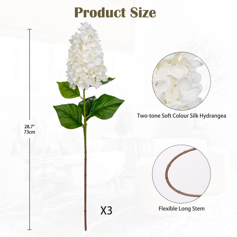 Arborus 3PCS Fake Flowers Hydrangea Artificial Flowers 28"" Long Stem White Faux Flowers for Vase  Real Touch Silk Flowers D?cor for Floral Arrangement Home Farmhouse Office Hotel Decoration - Image 2